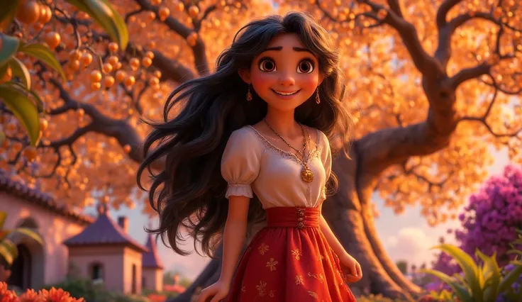 Make a cartoon-style image of a smiling girl with long black hair in a white blouse and red skirt. In the background a magical tree with golden fruits