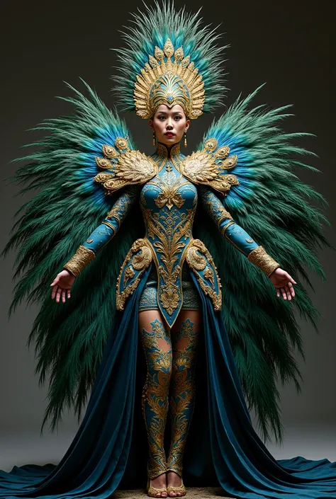 A very huge National costume inspired by Malaysian Peacock Pheasant. Put headpiece and elements at the hand and legs. Put wings.