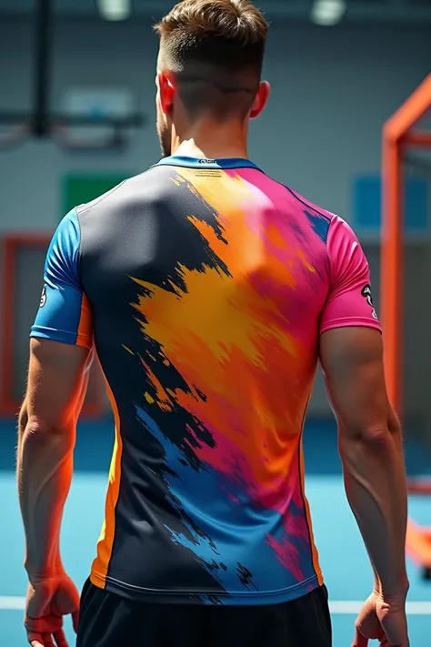 Please create sublimation sport shirt combination of 4 vibrant colours with graphic abstract design