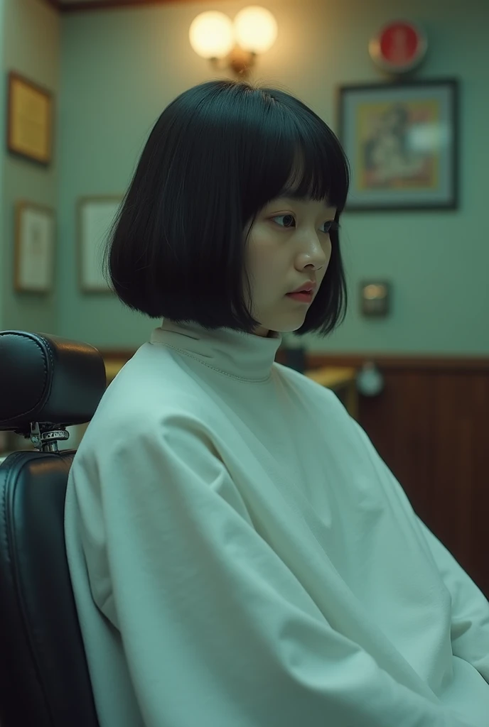  one girl who is at ease,  black hair, bangs, Bob Haircut,  Im wearing a white poncho for a haircut ,  sitting on a barber chair with her back stretched out,  inside an old Showa retro barber shop , Mental Silence , Transcendent Silence,  absurd,anxiety、re...