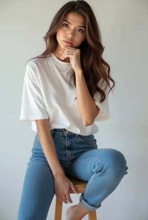  young brown-haired woman sitting on a stool with her hand on her chin, cindy avelino, jennie blackpink, very tight jeans and t-shirt ,  pose casually , open legs, sexy,  gema chan  beautiful girl, gema chan  girl portrait,  white t-shirt and jeans ,  wear...