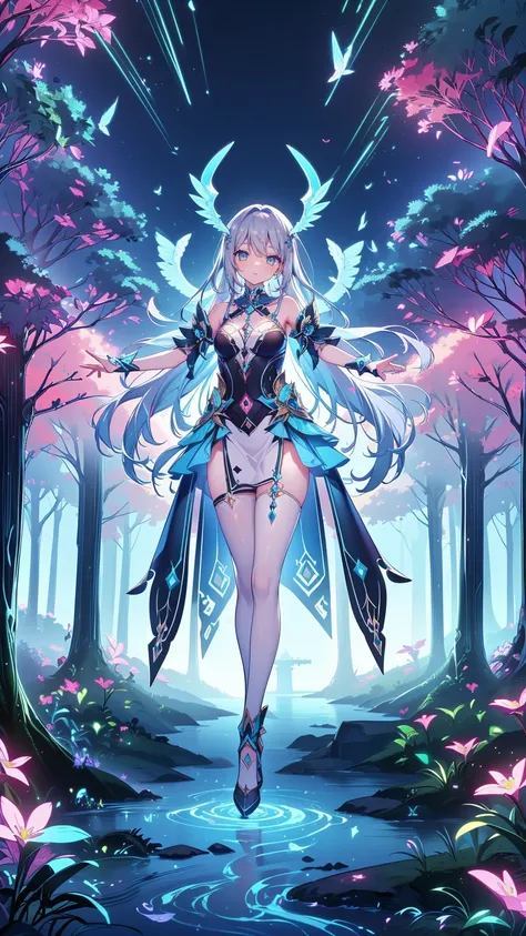 "(((Masterpiece, highest quality, full-body view, high resolution, RTX, perfect pixel, depth of bounds written, 4K, very detailed))), 1 girl, single, alone, stunning anime enchantress in a mystical fantasy world, beautiful art style. ((Mid-length silvery-b...