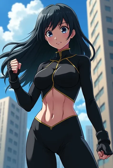  My Hero Academia style , Anime girl, female, young female ,    full body shot  ,(Fighting pose:1.3),  Long hair, Black Hair,    Black Eyes   ,  hero suit, Full Body Suit, Black suit, perfect anatomy, Super detailed, Toughened Abs,( building :1.2）