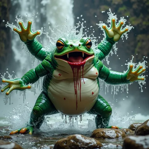 Droste Effect, an anthropomorphic fat green plasma frog with a beautiful womans head, an unsettling smile, super plump, fang teeth create a splash effect of dripping red stains. He stands with his hind legs facing forward, hands facing the sky, emitting wa...