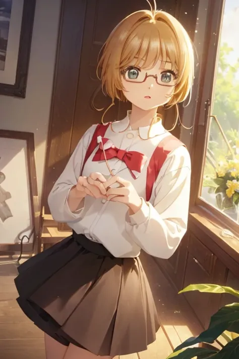 ((  best quality)), ((傑  best quality、masterpiece、High sensitivity、  High Definition 、 Details、   delicate face that inverts the skirt)),  Slender Woman、Glasses、  jumper skirt、 with a very detailed face of 、Hair becomes unkempt、 Explain the  、