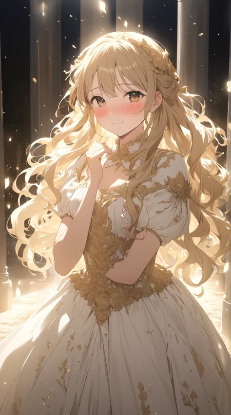 1 girl, ( blush:1.3),  Valkyrie,  wavy hair, to many hairstyle,  Dress Armor , ( Mysterious Atmosphere :1.2),  Big Breasts ,  embarrassed expression,  Clear Skin,  cowboy shot, BREAK 
Soft Light , ( dreamy lighting :1.3),  gold tone , Premonition of Love, ...