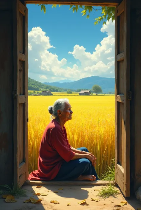 (photorealism:9.16),  An old mother sitting pensively in front of the door of a house  ,  a blank stare looking at the yellowed rice field , against the background of a paddy field ready for harvest ,  bright sun with beautiful blue clouds 