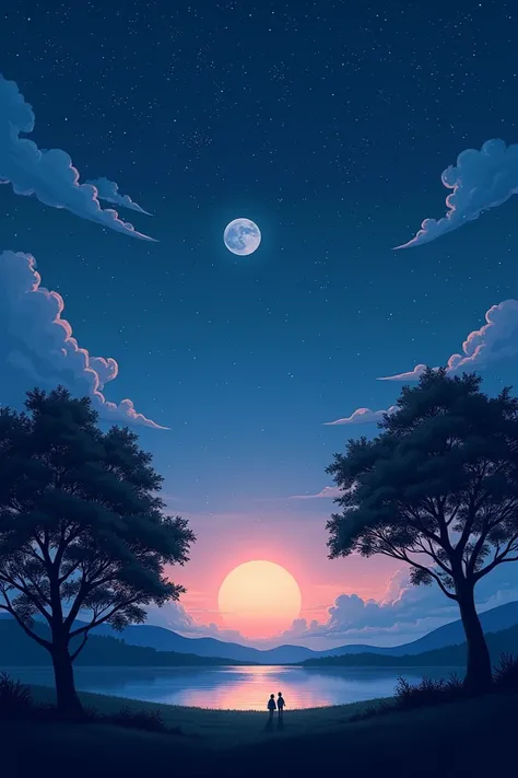 A serene summer night, with a clear starry sky, a gentle warm breeze flowing through the air, and faint silhouettes of trees swaying under the moonlight