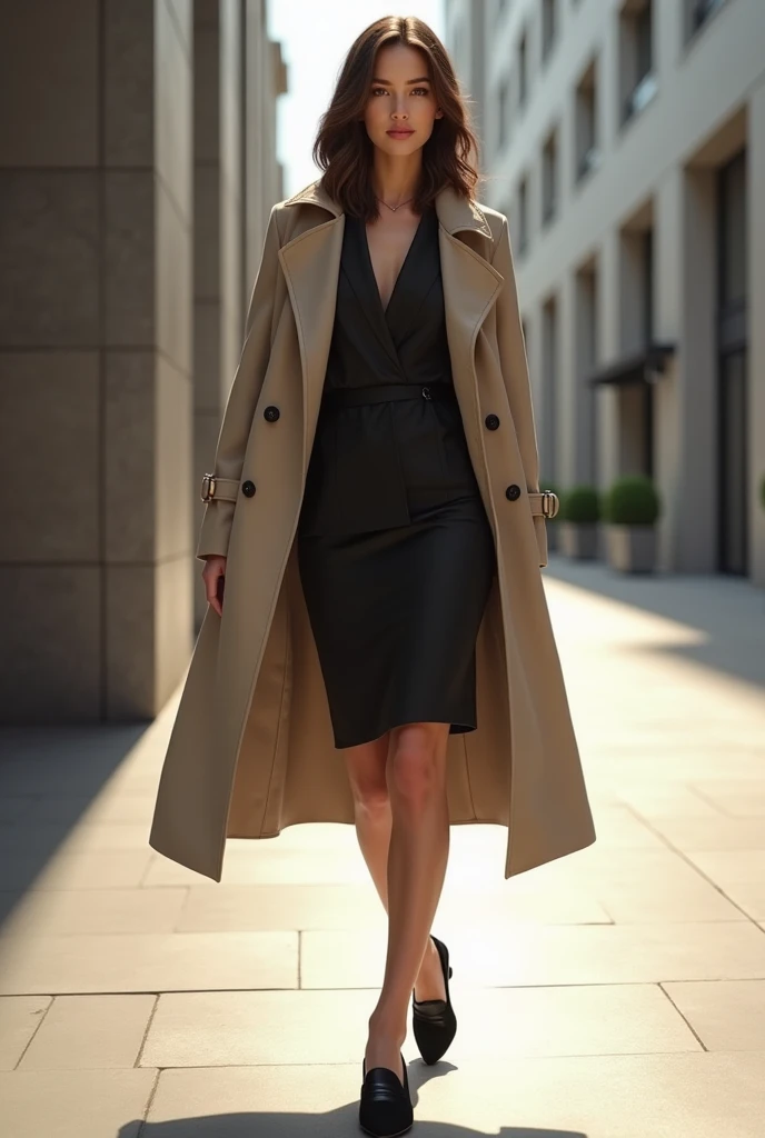 Girl wearing trench coat with loafers and pencil skirt add tailored blazer 