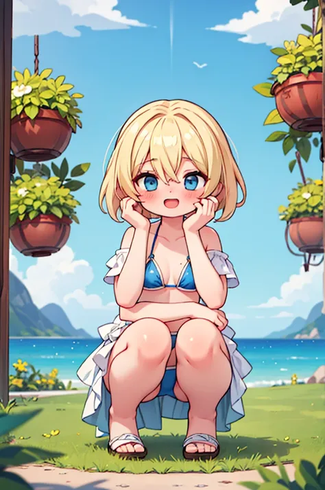 (masterpiece),  fantasy,  1 adult woman, Blonde, Bob Hair,Dark Blue Bikini, Wizard,  Very Small Breasts 、 bangs between eyes,  blush,  open your mouth and laugh、 squat pose 