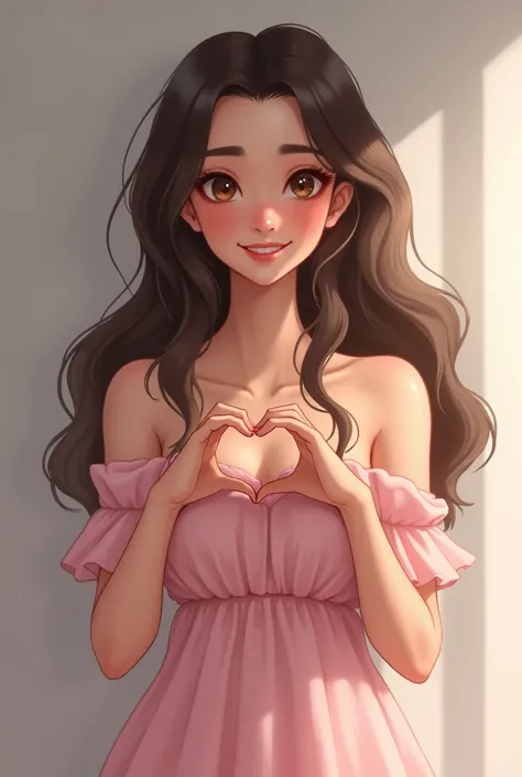 A woman with a cute smile wearing a cute pink off-shoulder nightgown makes a big heart shape with both hands and poses in front of her chest. View above the collarbone. Monochromatic background.