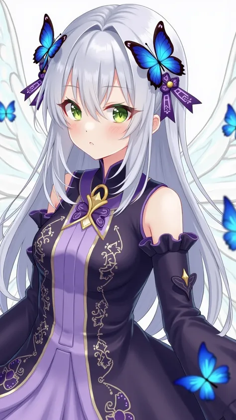 ((masterpiece)), ((( Alina ))), (( very detailed )), colorful, [Hall, 1girl,  solo , Upper body, gray hair,green eyes, luotianyi (xiachong),xiachong, Black and purple dress, (blue butterfly), White butterfly wings