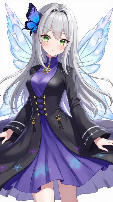 ((masterpiece)), ((( Alina ))), (( very detailed )), colorful, [Hall, 1girl,  solo , Upper body, gray hair,green eyes, luotianyi (xiachong),xiachong, Black and purple dress, (blue butterfly), White butterfly wings