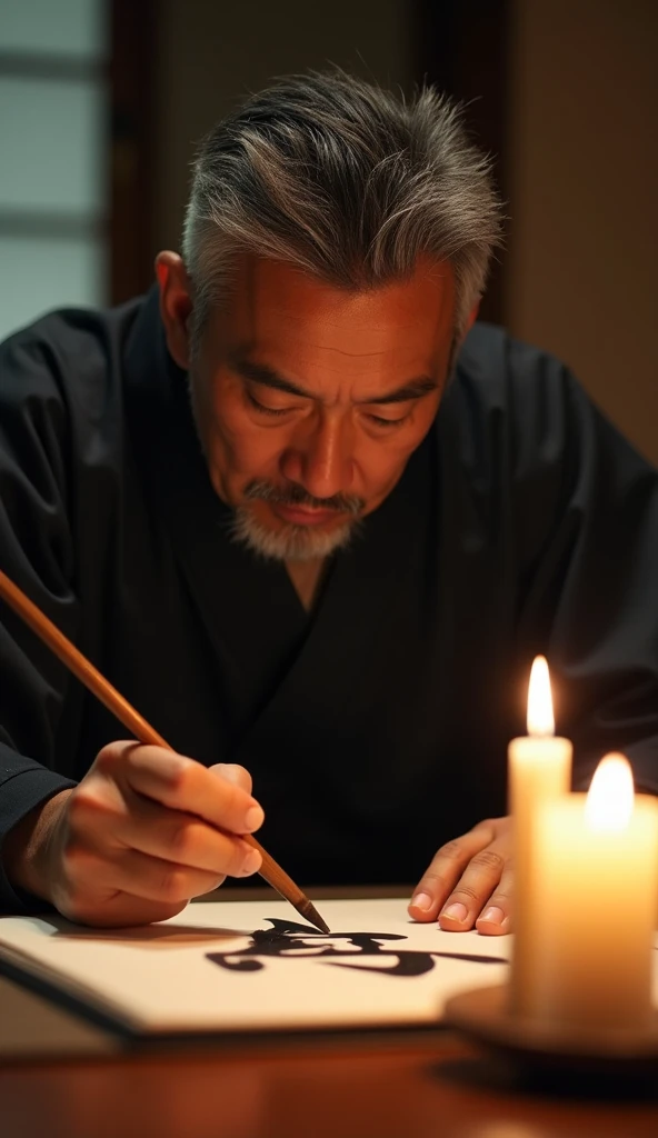 Photo of a middle-aged Asian man, calligrapher, focused and meticulous look, (short black hair with gray streaks), serious expression, full body, wearing a (traditional hanfu:1.2), sitting cross-legged at a low table, painting characters with a brush in a ...