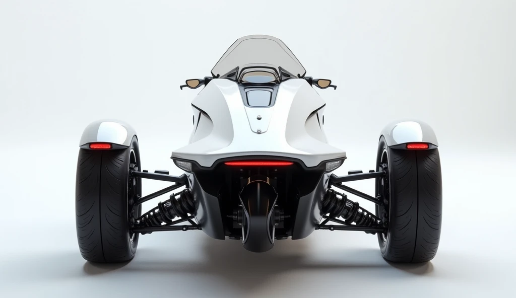 
"A futuristic, luxury three-wheeled motorcycle viewed from the rear, showcasing its aerodynamic white body. The enclosed cockpit design seamlessly flows into a tapered rear section with integrated side compartments. The back features sleek LED tail lights...