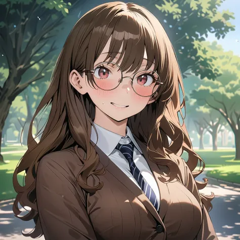 1 female, short, blushing, ((shy expression)), ((long wavy brown hair)), brown eyes, long eyelashes, large breasts, eyeglasses, brown blazer, (in a park), masterpiece, ultra HD, anime style, (My Hero Academia art style)