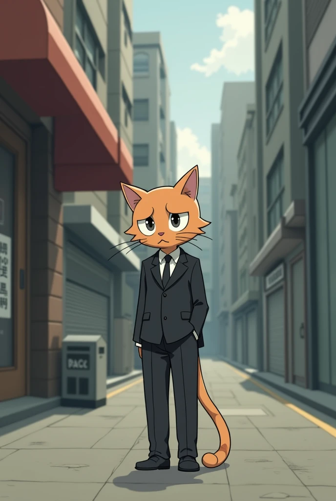 anime cartoon.  Cat in a sad suit because the cafeteria "Banpais " Its closed and theres no coffee 