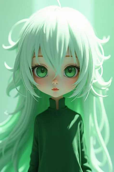 Make a simple art Not like ai Chibi anime, 
White hair,Green eyes, Long Green Hair,