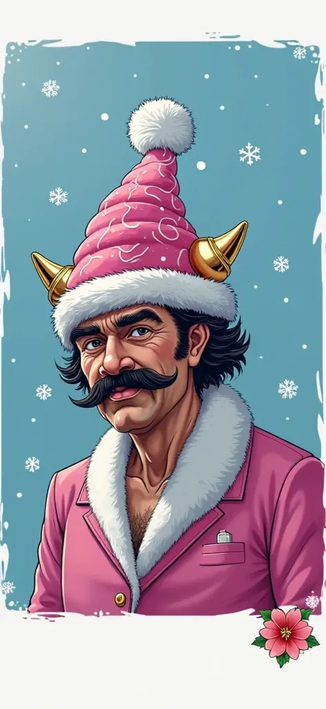 Pablo Escobar wearing a pink cartoon Christmas hat 