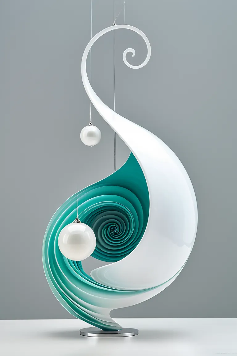 Minimalism,  grey-turquoise quantum ,  elegance , asymmetry , dynamics, double composition,  glass swirls , thin fabric, cosmic bodies , detail,  high resolution,  with fractal white wood on the side ,  white glaze house in the background , white metal, porcelain,  white ball and spiral , hanging in the air,  silhouette of a mint blue silk woman,  grey gradient background , Surrealism, Futurism, высокая detail.