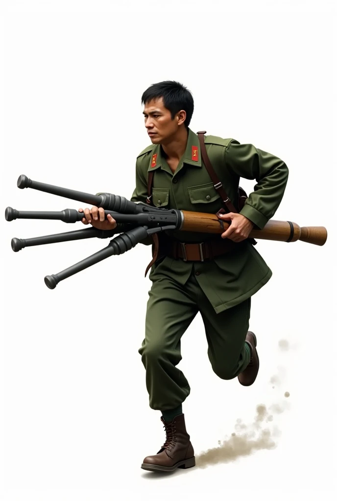  Viet Cong soldier on the handle of a triple bomb (The weapon itself was a conical hollow charge attached to one end of the weapon, which was a wooden stick used to hold the weapon during its transport and use. The mine had three equally spaced legs facing...