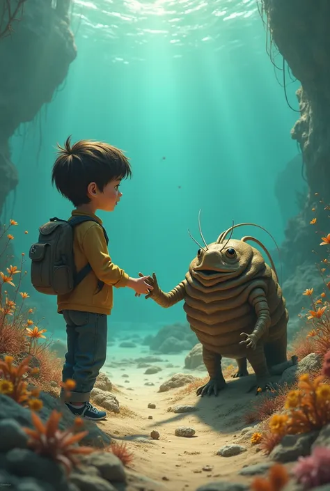 Aj replied “ Hi there little one! Can you point me to the right path to take?” 
The trilobite pointed at the ocean. 
Aj then gave his goodbyes to the cambrian period. 
