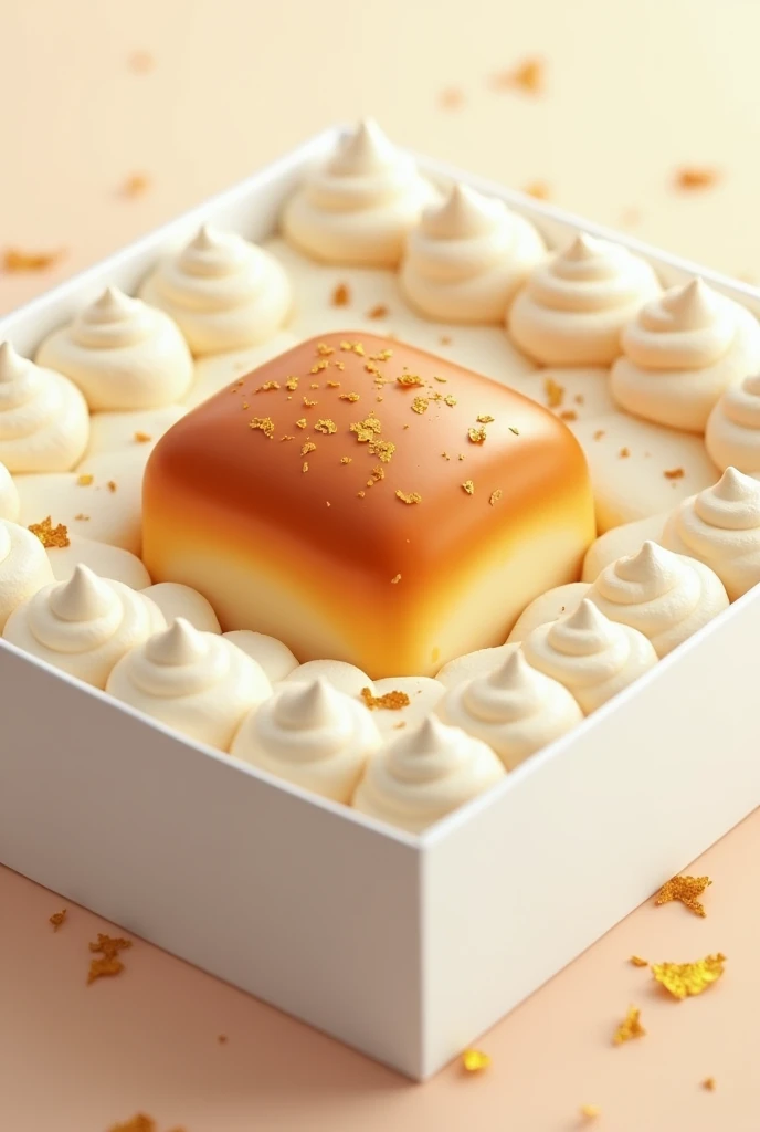 A square bun is placed in a box filled with whipped cream with golden shavings.

