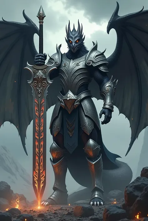 a black winged dragonborn wearing full plate armor and a horned helm while wielding a giant sword