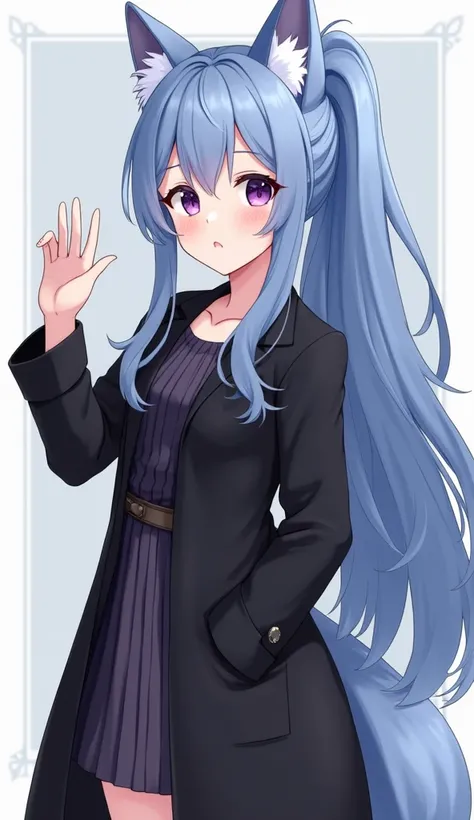 Character portrait　 long black long coat　Light blue long hair 　 ponytail　 pretty girl　 anime style illustration　 best quality　High image quality　 high definition , Feet in frame　 best quality 、 4K、8k、High Resolution、masterpiece、 super detailed　 minicaras　 ...