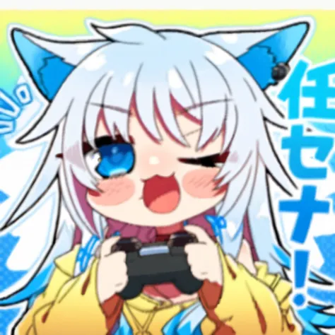 anime character holding a video game controller with blue background, anime catgirl,  anime catgirl, Nyaruko-san, nekomimi, !!  chibi!!! catgirl, anime cat,  art style anime moe , senko-san, Holo is a werewolf , fully robotic!! catgirl,  anime girl with ca...