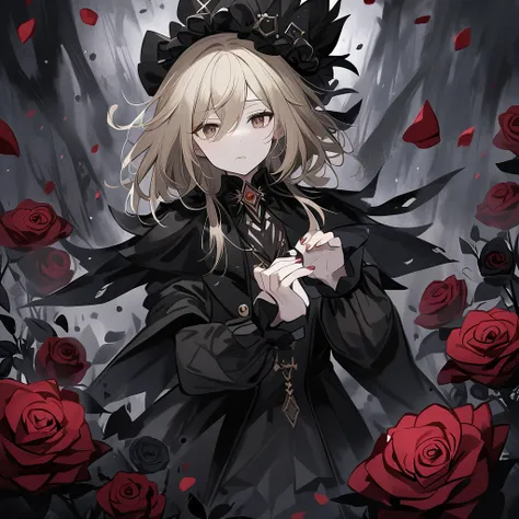 elf,  with blond short asymmetrical hair, brown eyes, magician, witch, черная шляпа magicianа, black robe, roses.  Dard fantasy. gloomy. gloomy rose garden.