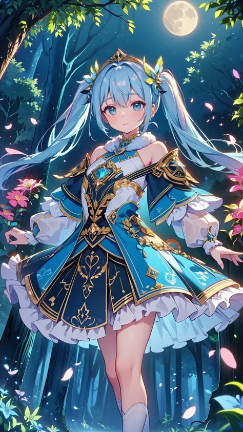 , dynamic angle without carrying a bag、 In the magical forest, Mysterious fairy girl appears, Light blue long hair、 twin tails、Adorable smile、The moonlight shines brightly. Her skirt, Woven with petals and stardust, Rainbow, Flowers and trees々 flapping the...