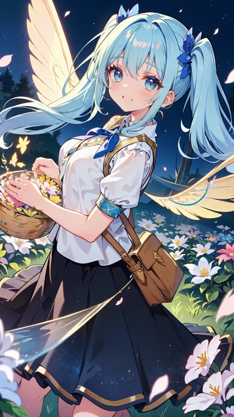 , dynamic angle without carrying a bag、 In the magical forest, Mysterious fairy girl appears, Light blue long hair、 twin tails、Adorable smile、The moonlight shines brightly. Her skirt, Woven with petals and stardust, Rainbow, Flowers and trees々 flapping the...