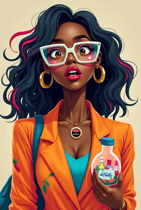 It lasts: colorful clothes,  with printed fruit details . The orange blazer ,  red blue
Accessories :  She carries a small lab bag filled with juice samples in miniature bottles . 
 She also wears a brooch with the Del Valle logo and laboratory glasses wit...