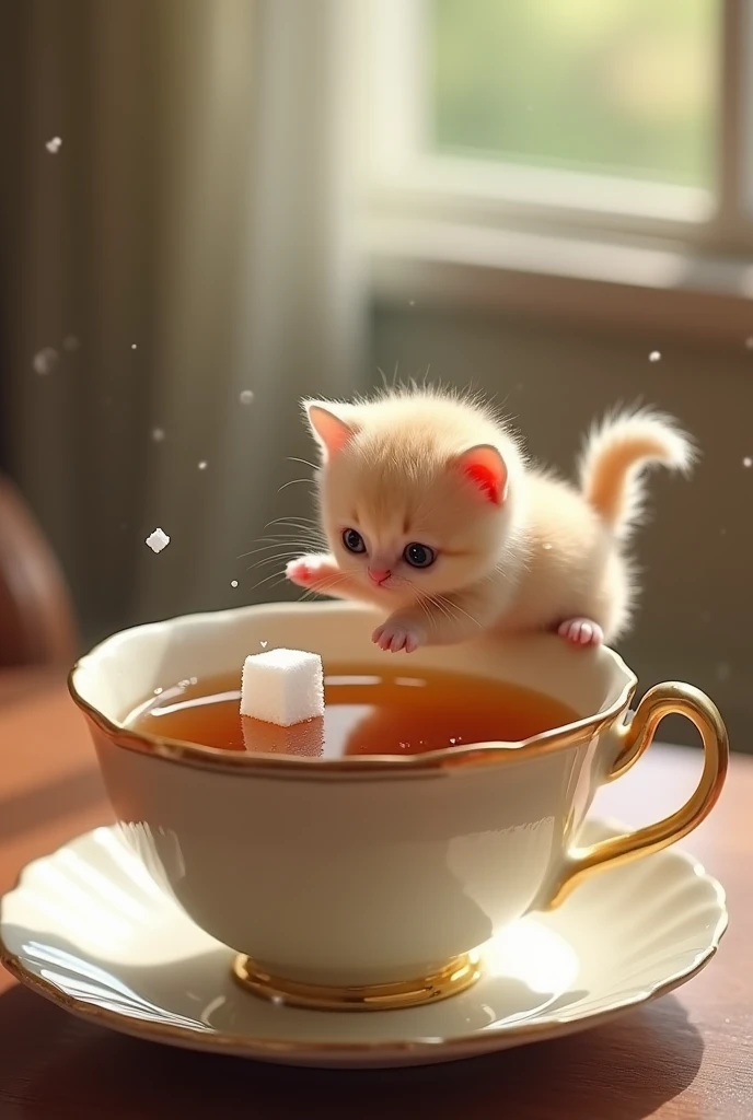 	“A tiny Munchkin kitten balancing on the rim of a teacup, playfully swatting at a sugar cube floating in the tea, its little reflection visible in the liquid below.”