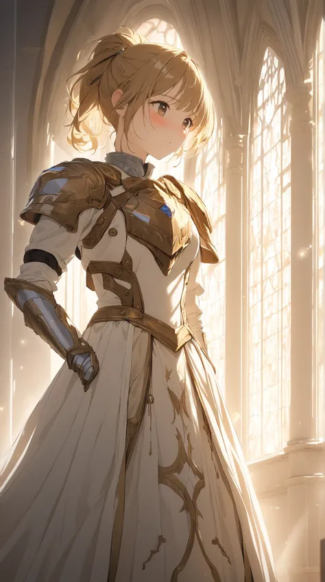 1 girl, ( blush:1.2), Paladin,  ponytail, to many hairstyle, Battle Dress,  breast armor , ( Mysterious Atmosphere :1.2),  small breasts,  Clear Skin,  cowboy shot, BREAK 
Soft Light , ( dreamy lighting :1.3),  gold tone , Premonition of Love,  BREAK 
In f...