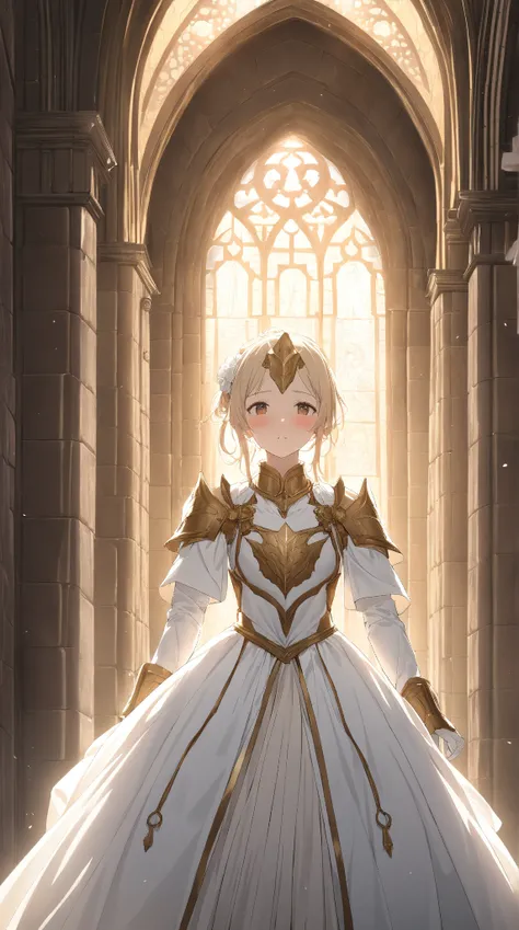 1 girl, ( blush:1.2), Paladin,  ponytail, to many hairstyle, Battle Dress,  breast armor , ( Mysterious Atmosphere :1.2),  small breasts,  Clear Skin,  cowboy shot, BREAK 
Soft Light , ( dreamy lighting :1.3),  gold tone , Premonition of Love,  BREAK 
In f...