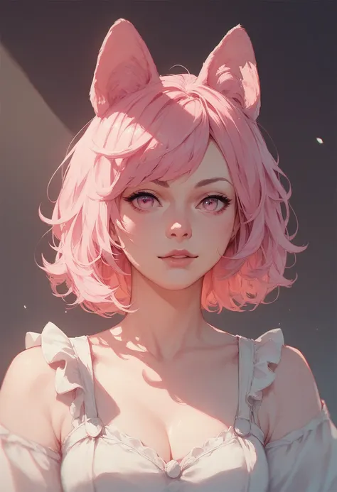 1girl, solo, pink hair, pink eyes, dog ears, silhouette of body behind red cutain