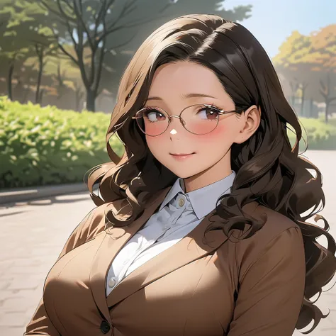 1 female, mature lady, short, blushing, ((shy expression:1.2)), ((long wavy dark-brown hair)), half-open eyes, brown eyes, long eyelashes, large breasts, eyeglasses, brown blazer, (in a park), (half-body image), masterpiece, ultra HD, anime style, (My Hero...