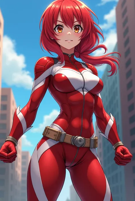 My Hero Academia Style , Anime girl, female, young female ,Full Body Shot,(fighting stance:1.3),Long hair, Red Hair,  Brown Eyes,Hero Suit, Full Body Suit, red suit with white details, perfect anatomy,  Toughened Abs,super detailed,(Buildings:1.2）