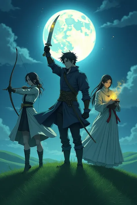  Create a novel cover in realistic anime style , three people photographed ,  with the main character a man wielding a glowing dagger,  a woman using a bow , and a priestess carrying a magic book in his hand ,  background containing bright night moon ,  an...