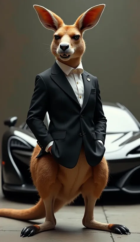 Create an art of a realistic type kangaroo , wearing a very expensive black suit with white ,  angry face standing in front of a luxurious Maclaren car