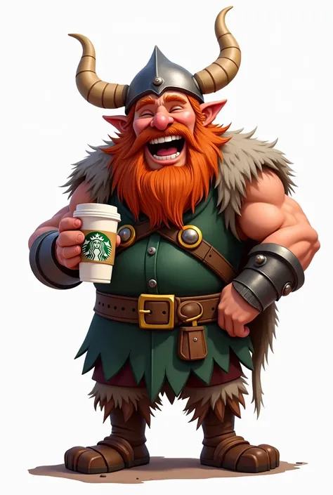 a version of the logo on a white background: a cheerful Viking holding a cup of Starbucks coffee in one hand, laughing without horns on his head