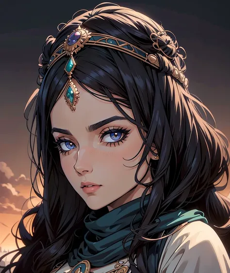 in a desert a beautiful woman walks lightly. she has a traditional outfit of Tuareg and Bedouin of the desert only her eyes are visible. she has magnificent ultra detailed amber eyes, her pupils are dilated and her iris ultra detailed and a magnificent amb...