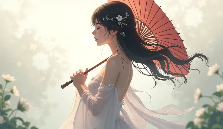   A very beautiful anime style girl gentle , A woman with long hair,  flowing black hair adorned with delicate silver hairpins and floral ornaments,  soft, Foggy Environment . She is light,  translucent robe with intricate embroidery ,  showing a little bi...