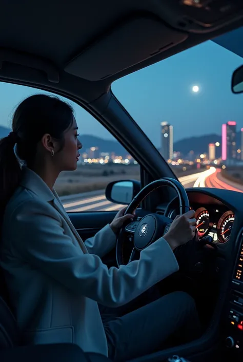 A landscape photo of a 20-year-old female tycoon from South Korea in the passenger seat while driving at night with her dad