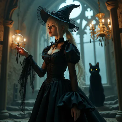  combines a drawstring puppet 、 Gothic Rolita 、 Blackcat main element， creates a character ， has magic ，is a sorceress 