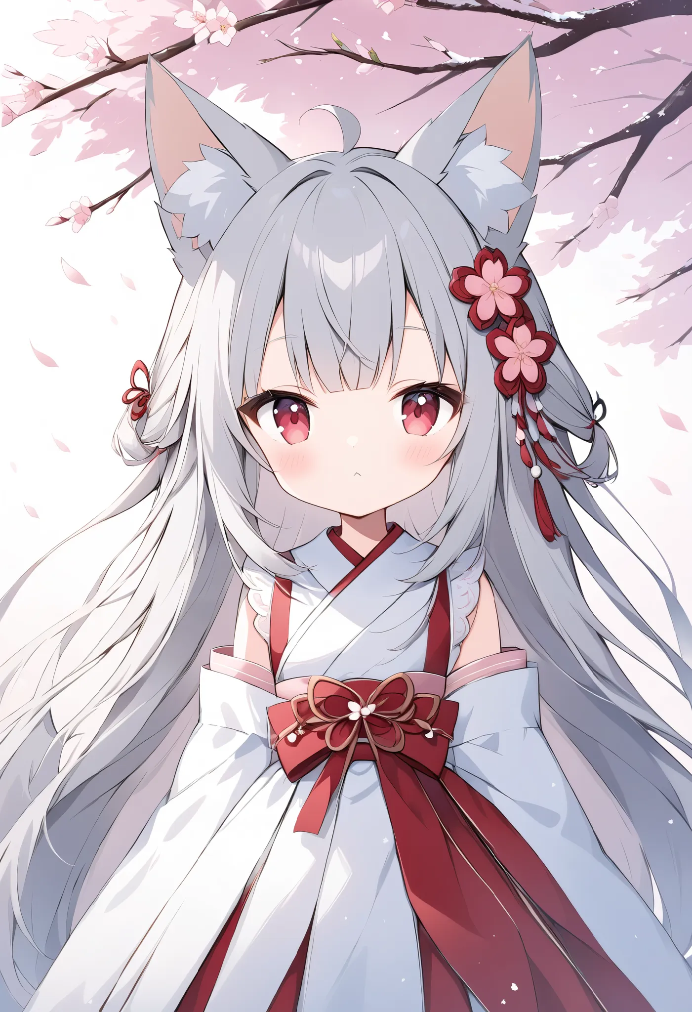  Thin and Soft Painting Style、White fox girl  、Grey Hair、 smooth long hair 、  fox ears、  fox's fluffy tail 、Ruby Eyes、 Oblique eyes、cute、:<、White and red Onmyoji style costume、 ties hair behind、Cherry Blossom Snowstorm、 under a cherry tree 