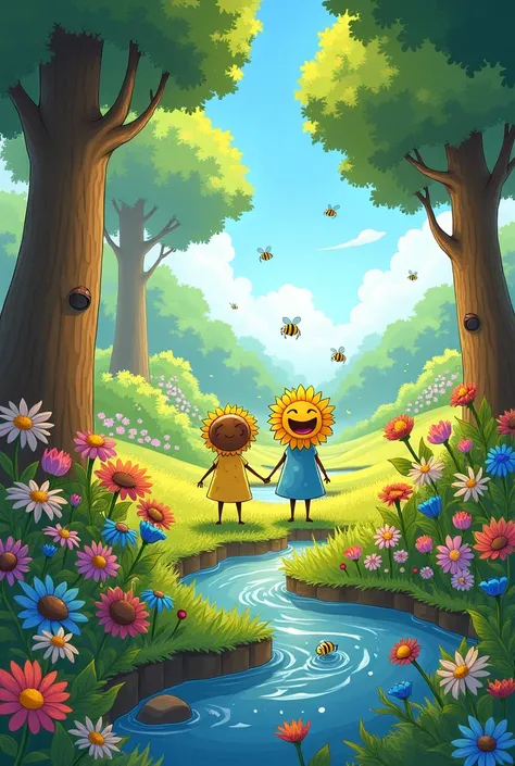 Comic Title: "Unbreakable Duo: The Blossoming Adventure" 

Panel 1: Caption: In a vibrant garden on a sunny day… Illustration: A field of flowers, focusing on two best friends: a bright sunflower named Sunny and a gentle bluebell named Bella. They’re smili...