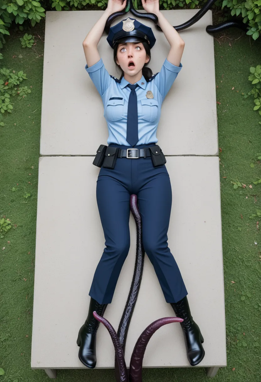 1girl, policewoman, uniform, long pants, tall high boots, full body shot ,from head to toe,with clothes on ,colored pencil (medi...